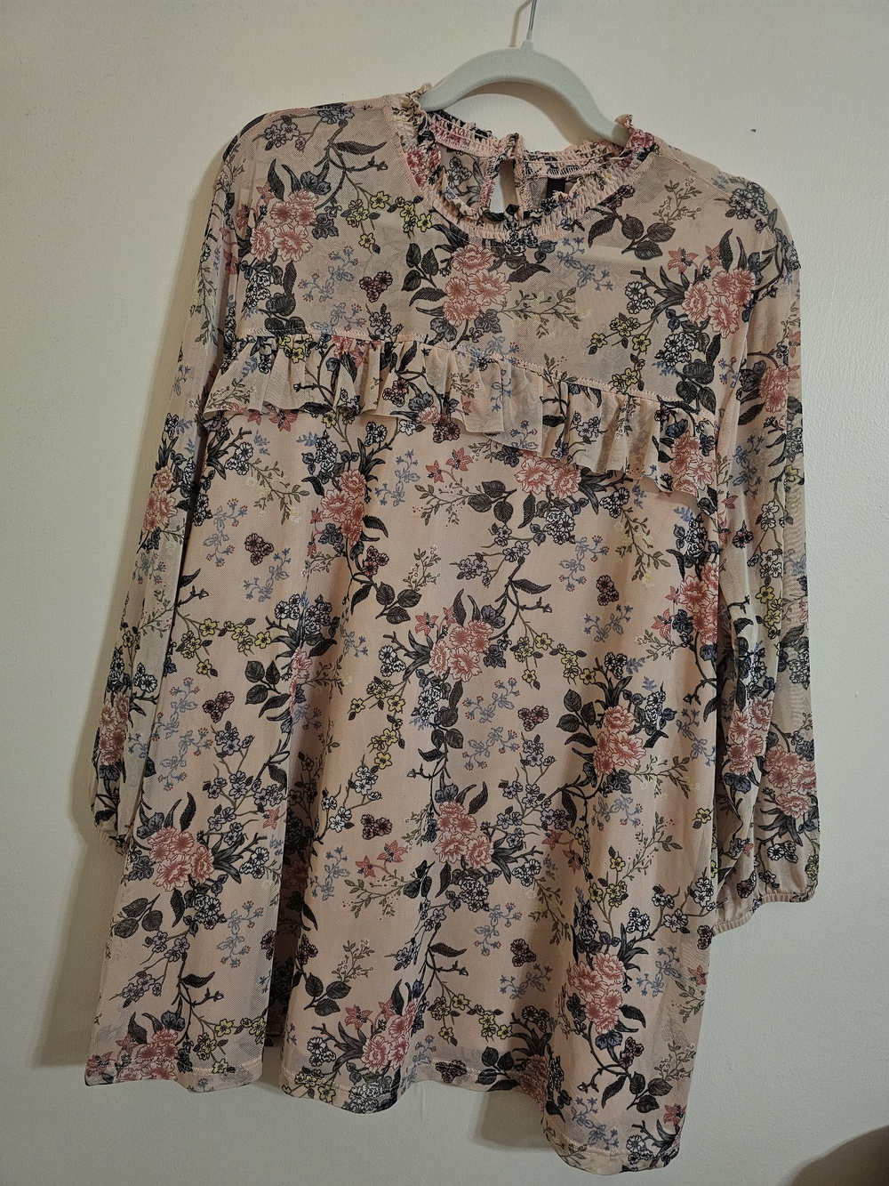 Massini 2X Pink Floral Ruffle-Yoke Tunic Mesh Lightweight Flowy